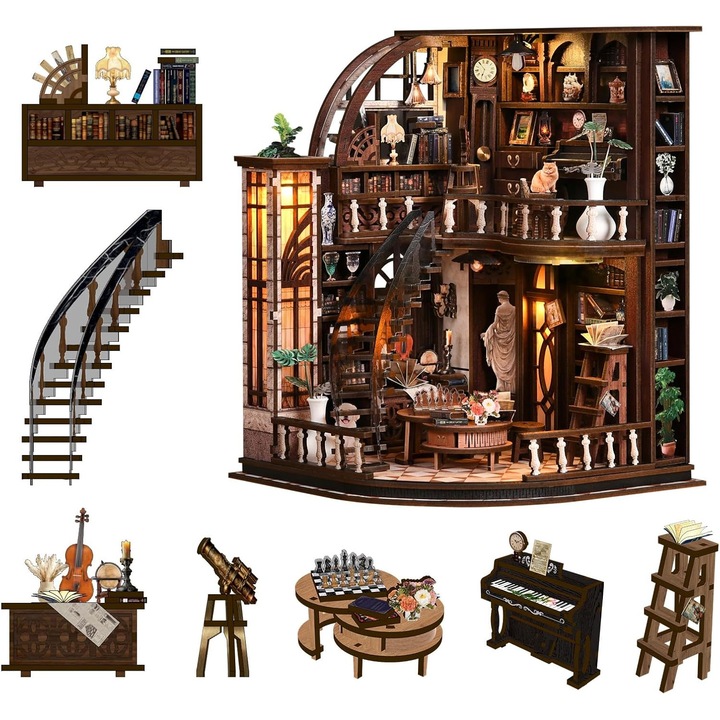 3D Дървен Пъзел Book Nook за Възрастни, DIY Комплект Миниатюрна Къща с LED Светлина, Декор за Библиотека и Рафт, Подарък за Семейство, Приятели и Любители на Книги, Bacchus Study, WALALLA