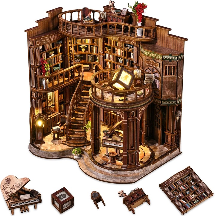 3D Дървен Пъзел Book Nook за Възрастни, DIY Миниатюрен Комплект Къща за Кукли тип Библиотека, Декор за Рафт с LED Светлина, Креативен Подаръчен Комплект, Dream Bookstore, WALALLA