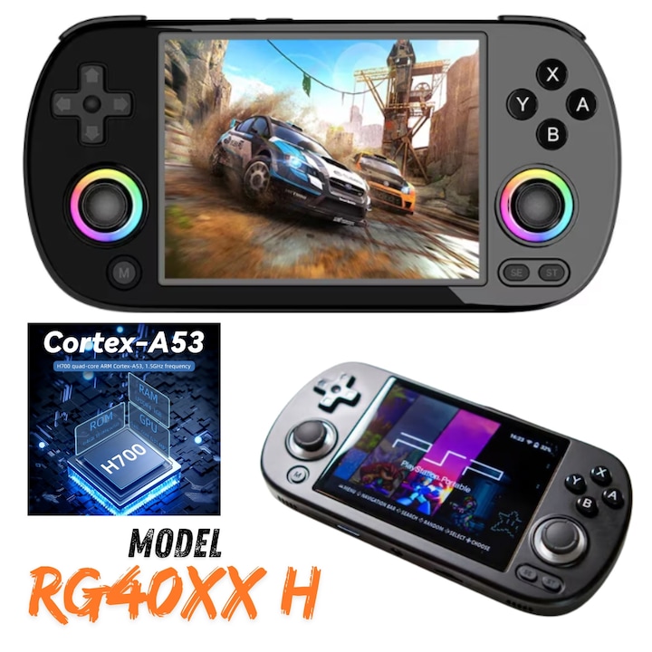 Consola Portabila ANBERNIC, Game Console Model RG40XX H cu Jocuri Retro, Quad Core Cortex-A53 1.5GHz, 1GB LPDDR4, IPS LCD 4" 640x480, 3200 mAh, Suporta Wi-Fi 2.4, 5 GHz, Bluetooth 4.2, Negru