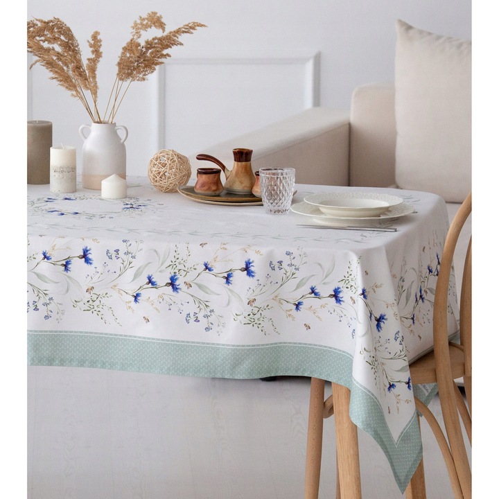 Obrus rectangular Chabry 165x300 cm, 100% bumbac, impermeabil, design flori, pentru mese mari