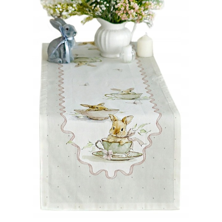 Fete de masa Listelle Bieznik obrus Wielkanocny 40x190cm, Bawelniany, cu Zajaczki
