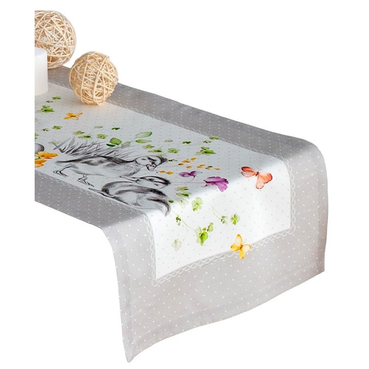 Fata de masa Listelle Bieznik obrus Wielkanocny 40x180cm, design cu iepurasi si oua, bumbac natural