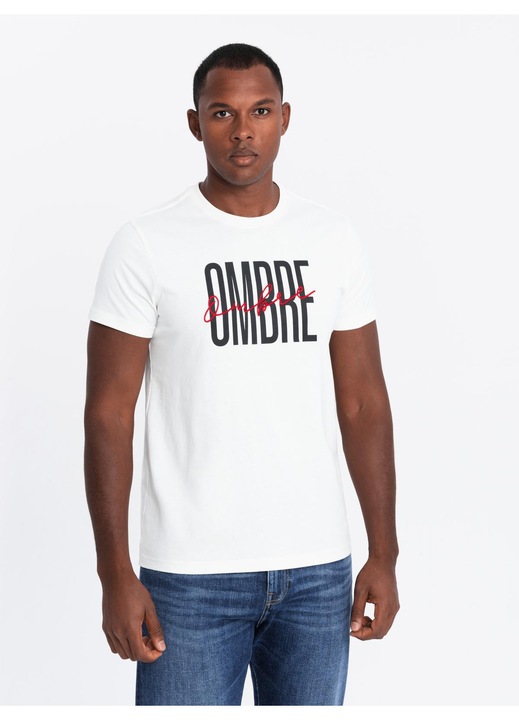 OMBRE Tricou barbati cu imprimeu logo bumbac regular fit, Alb