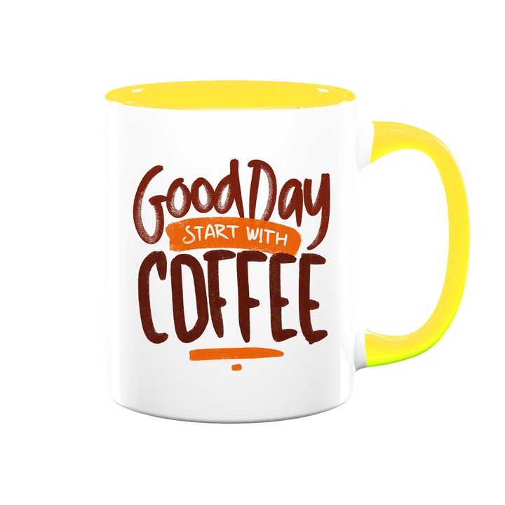 Cana cu mesaj : "Good days start with coffee.", alba cu interior galben, 330ml, ceramica