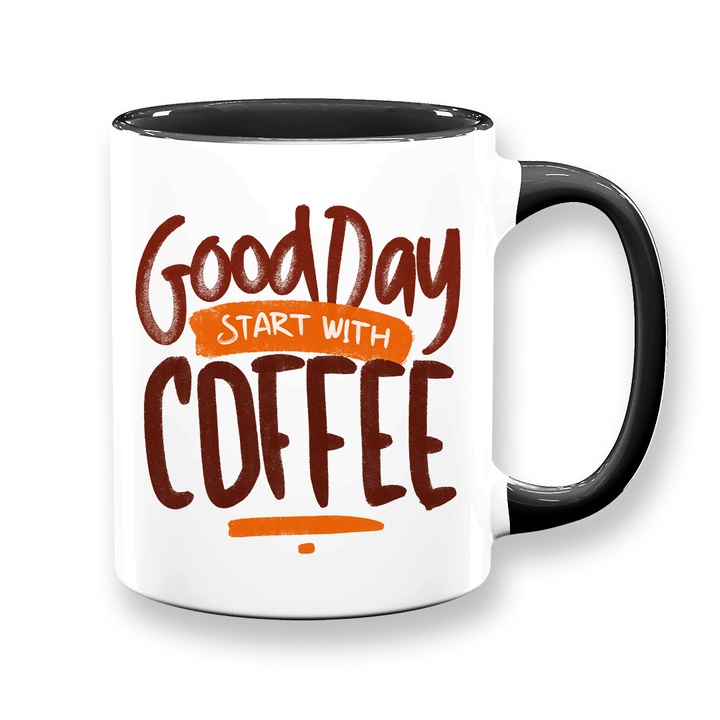 Cana cu mesaj : "Good days start with coffee.", alba cu interior negru, 330ml, ceramica