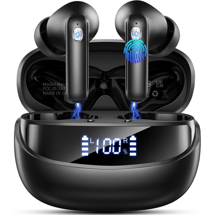 Bluetooth fülhallgató, in-ear, standard 5 perces lejátszási idővel, 4 ENC zajszűrős mikrofonnal, IP7 vízállósággal és LED vezérléssel.