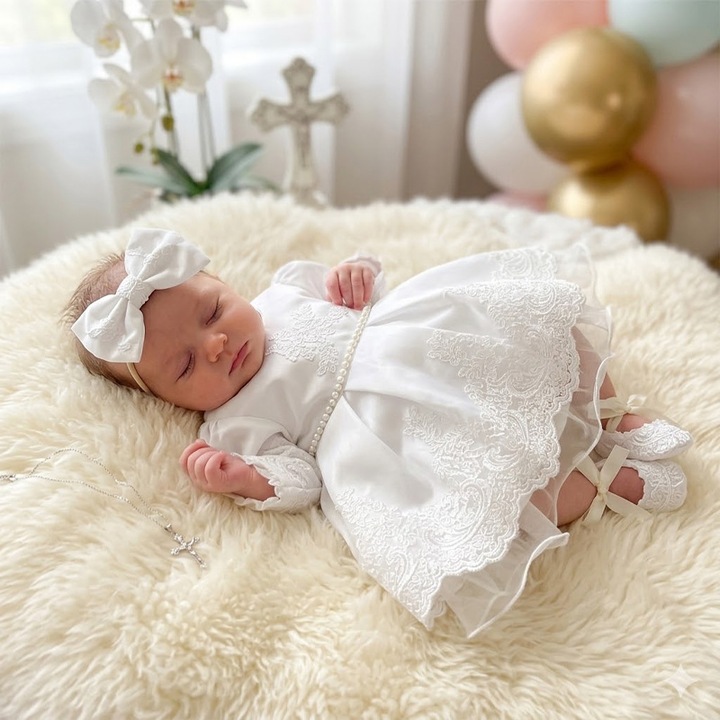 Set 3 piese, rochie eleganta, bentita si botosei, pentru botez, Mini Junior R0204A, Alb 74 CM