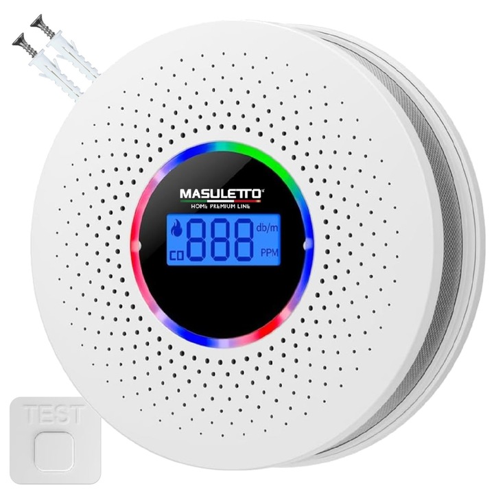 Masuletto füst- és szén-monoxid érzékelő, 2 az 1-ben, 85 dB hangriasztás, LCD kijelző, elemes tápellátás