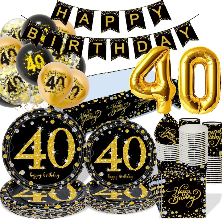 Set decoratiuni petrecere aniversare 40 ani, negru auriu - vesela de hartie, farfurii, pahare, servetele, fata de masa, baloane pentru barbati si femei