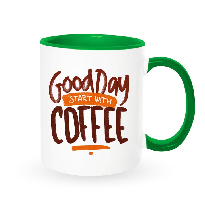 Cana cu mesaj : "Good days start with coffee.", alba cu interior verde, 330ml, ceramica