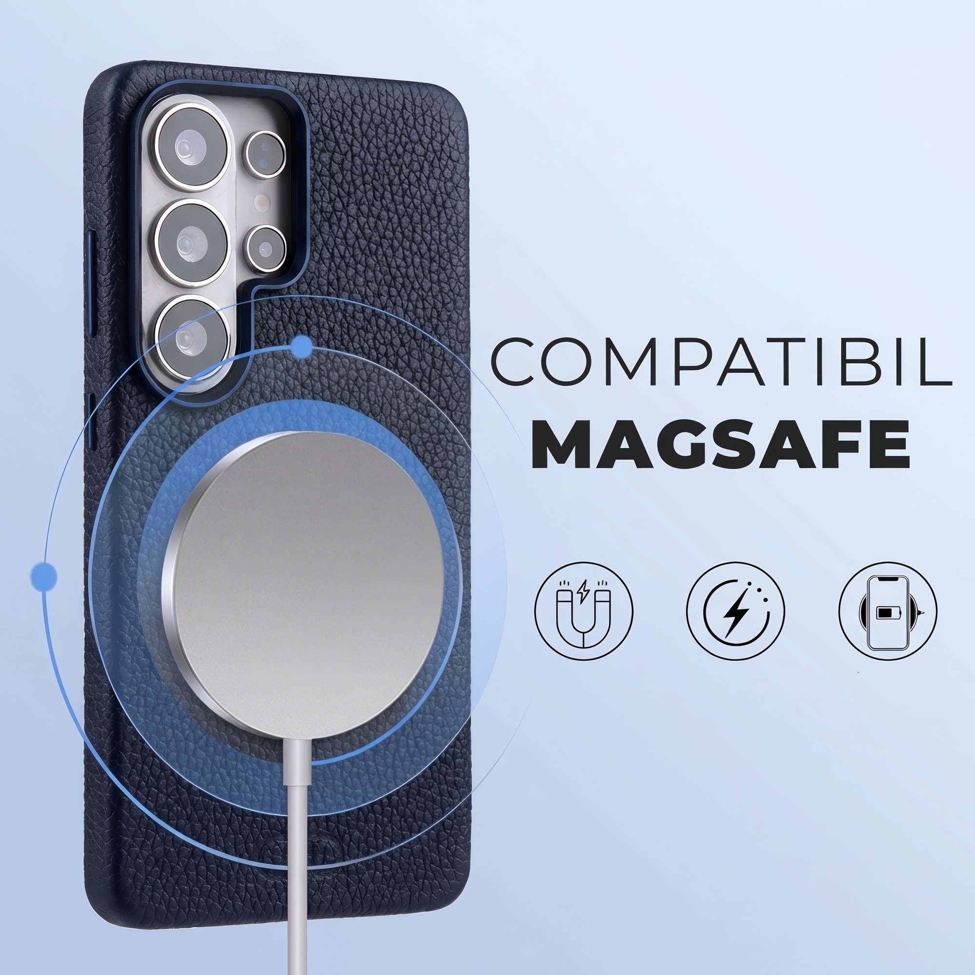 Husă Daden din piele naturală pentru Samsung Galaxy S26 Ultra, MagSafe, albastru, handmade