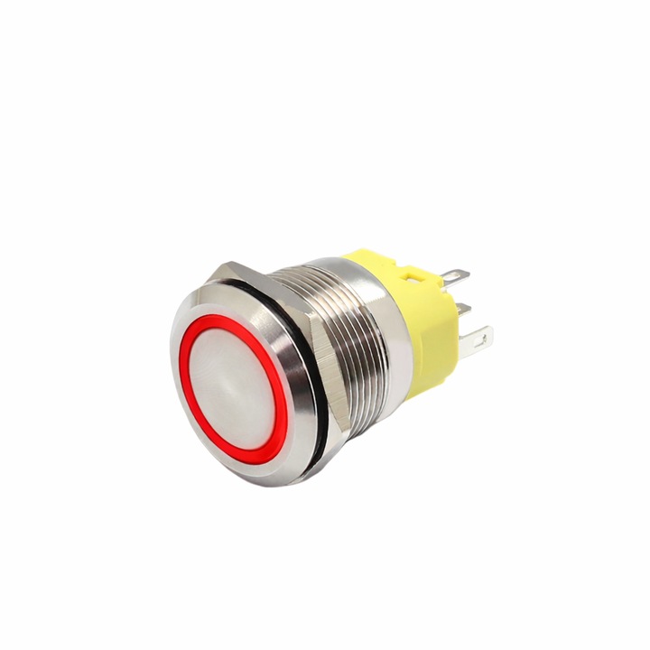 Buton push iluminat fara mentinere, 5A 12–24V DC, 22mm, IP65, metalic, inel LED rosu, 5 pini, FLM22-FJ-1-EX000-S11M5-RED