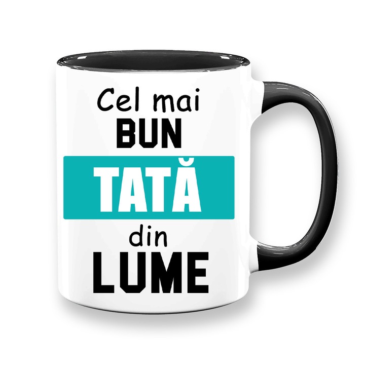 Cana cu mesaj : "Cel mai bun tata din lume", alba cu interior negru, 330ml, ceramica