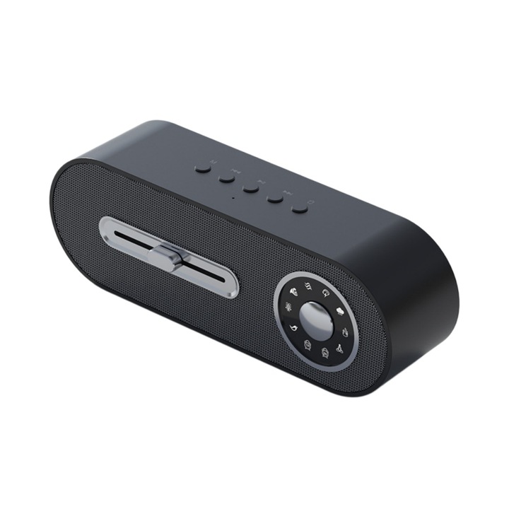 Difuzor Bluetooth, cu slot pentru card, portabil, functie de redare programata, doua setari de programare, rezistenta la apa IPX3, Bluetooth 5.1, baterie de 1500 mAh, suporta redarea programata, dimensiuni 20, 1 × 5 × 6, 9 cm, negru
