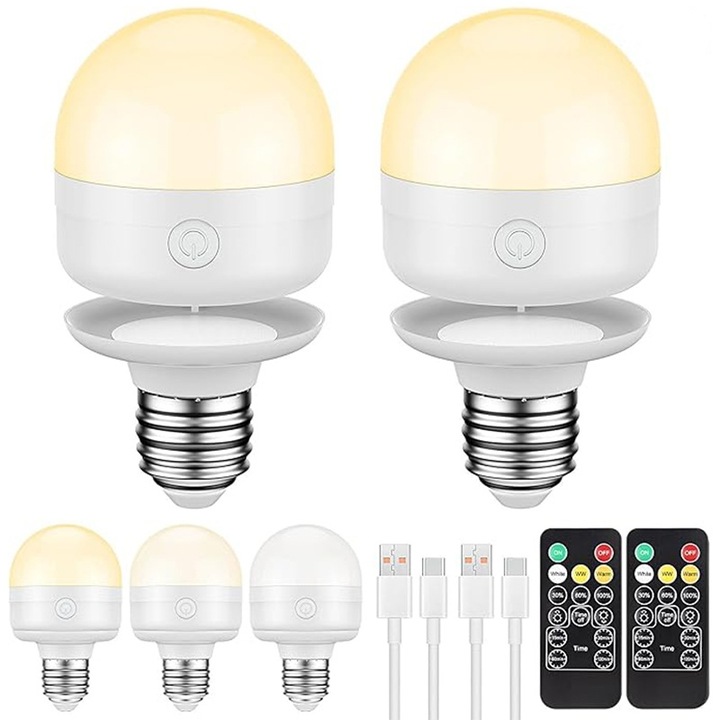 Bec Reincarcabil cu Telecomanda Leccik®, Set 2 Bucati, LED 3W, 350LM, Soclu E26, 3 Temperaturi de Culoare, Dimabil, 2000mAh, Fixare Magnetica, Temporizator, Alb