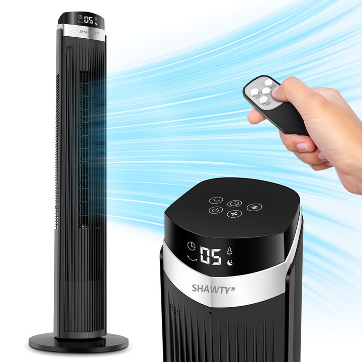 Ventilátor torony, Shawty®, S0144, 70°-os oszcilláció, 55W, 5 állítható sebesség, 3 üzemmód (Normál, Lágy és Alvó), 12 órás időzítő, 30db csendes rendszer, 101 cm XXL, Érintőképernyő, Távirányító mellékelve, Fekete