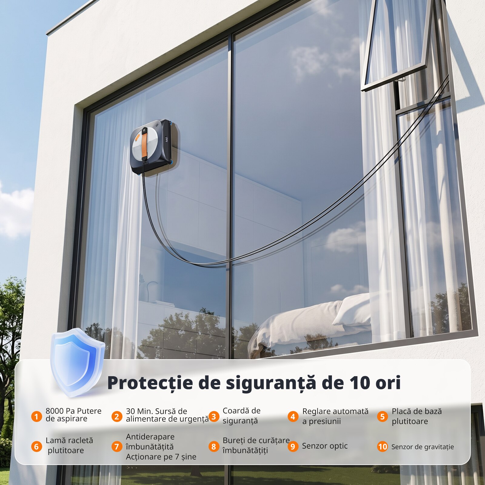 Robot de curatare a geamurilor AIRMSEN, 3400Pa, 6 pompe de apa silentioase, rezervor de apa de 160 ml, 4 moduri de curatare, robot de curatare a geamurilor silentios