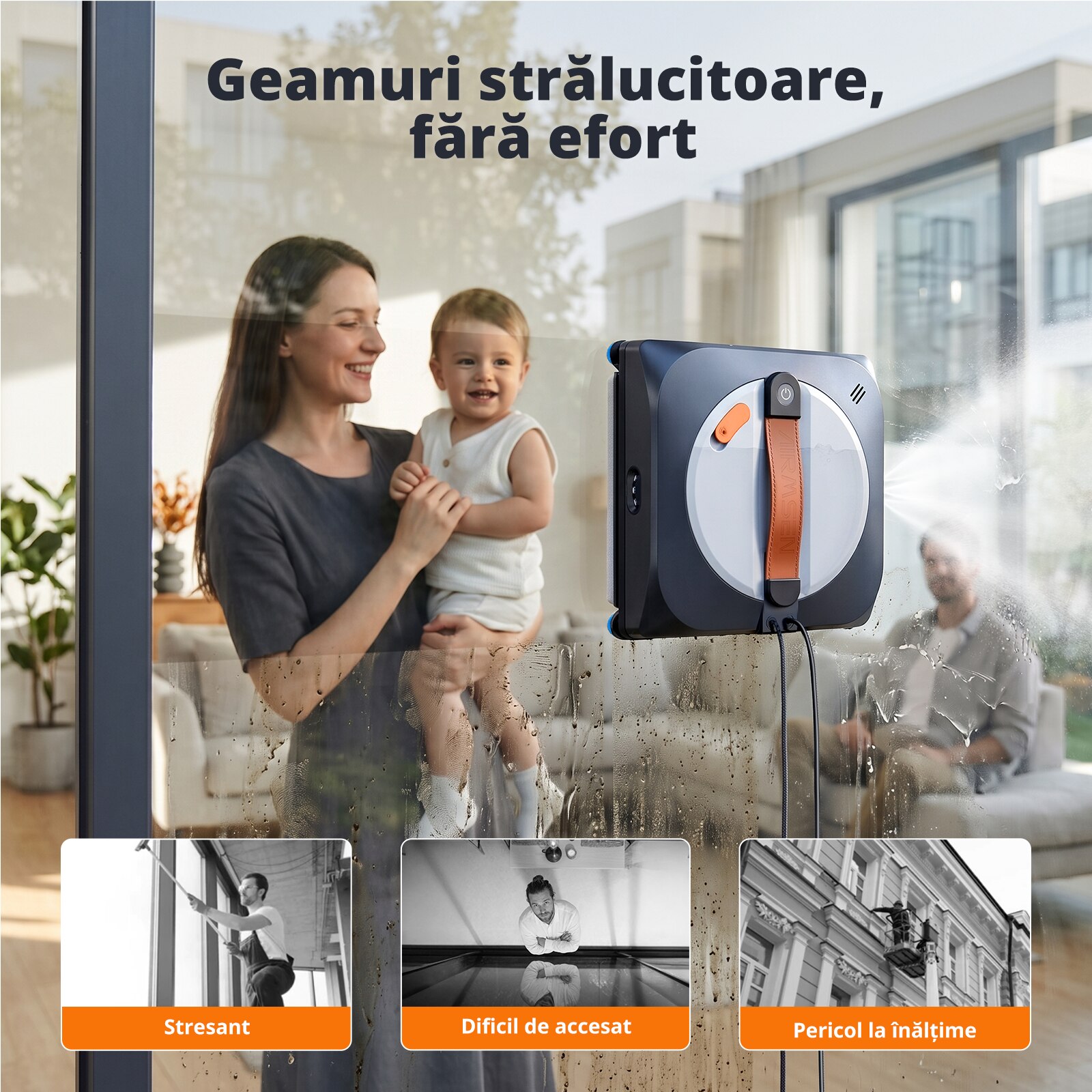Robot de curatare a geamurilor AIRMSEN, 3400Pa, 6 pompe de apa silentioase, rezervor de apa de 160 ml, 4 moduri de curatare, robot de curatare a geamurilor silentios