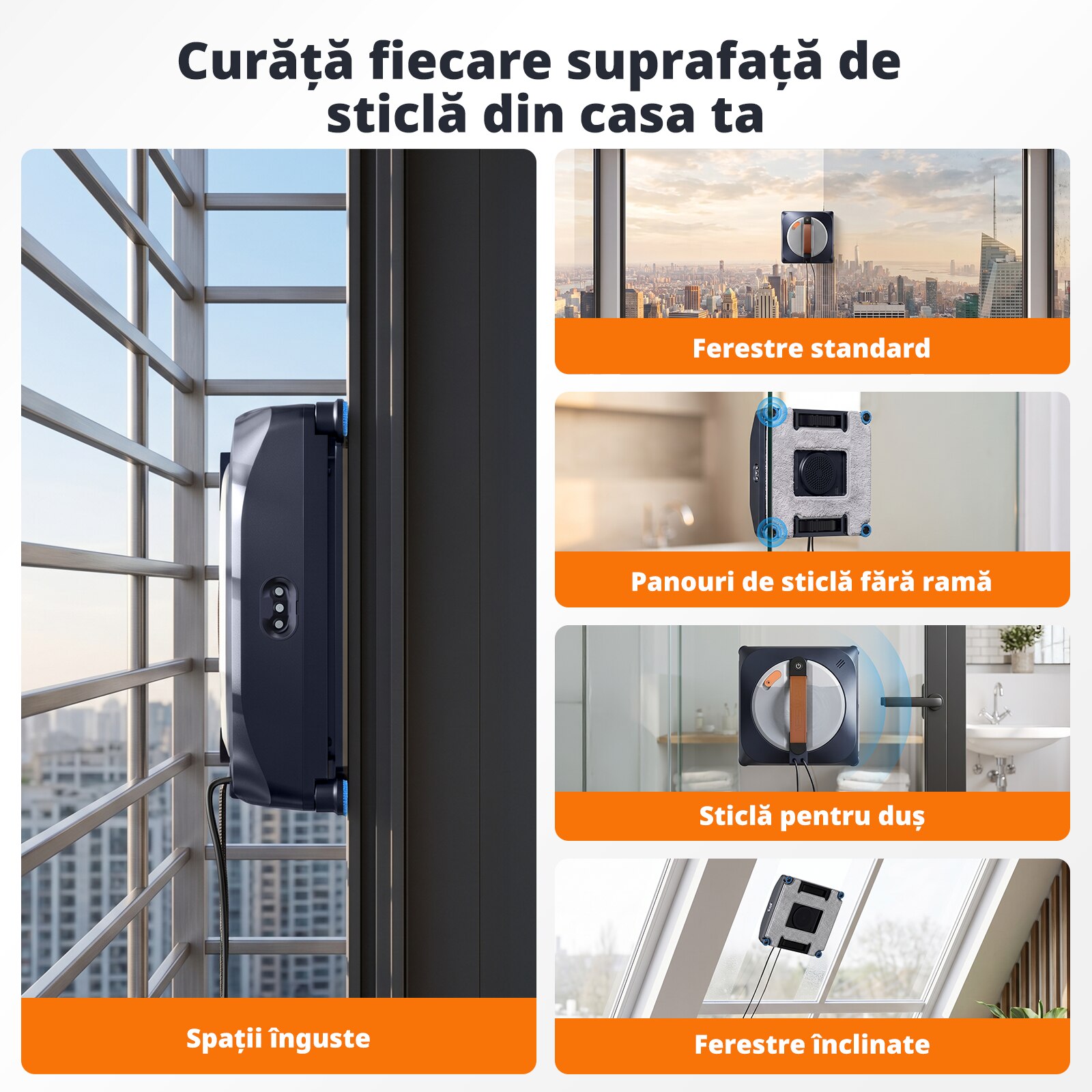 Robot de curatare a geamurilor AIRMSEN, 3400Pa, 6 pompe de apa silentioase, rezervor de apa de 160 ml, 4 moduri de curatare, robot de curatare a geamurilor silentios