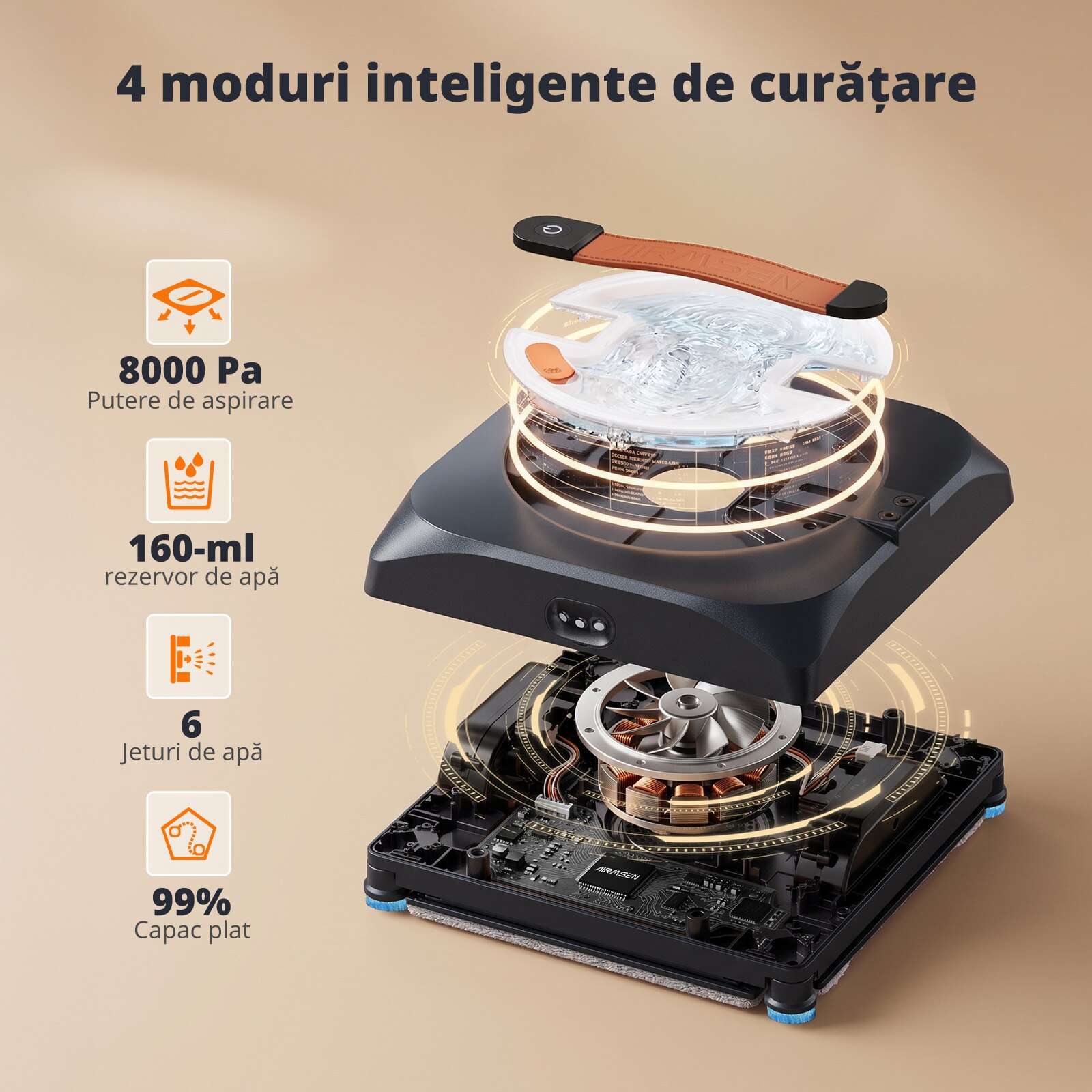 Robot de curatare a geamurilor AIRMSEN, 3400Pa, 6 pompe de apa silentioase, rezervor de apa de 160 ml, 4 moduri de curatare, robot de curatare a geamurilor silentios