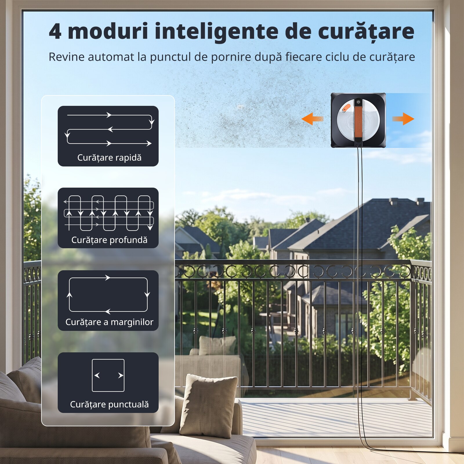 Robot de curatare a geamurilor AIRMSEN, 3400Pa, 6 pompe de apa silentioase, rezervor de apa de 160 ml, 4 moduri de curatare, robot de curatare a geamurilor silentios