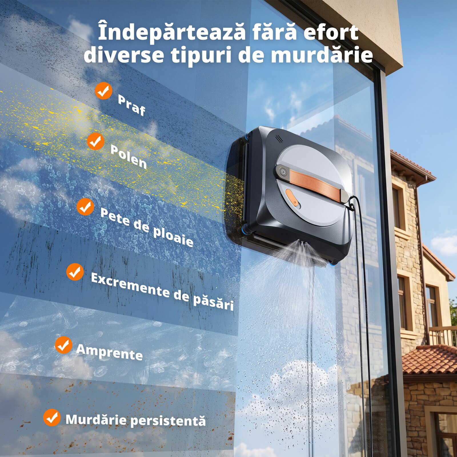 Robot de curatare a geamurilor AIRMSEN, 3400Pa, 6 pompe de apa silentioase, rezervor de apa de 160 ml, 4 moduri de curatare, robot de curatare a geamurilor silentios