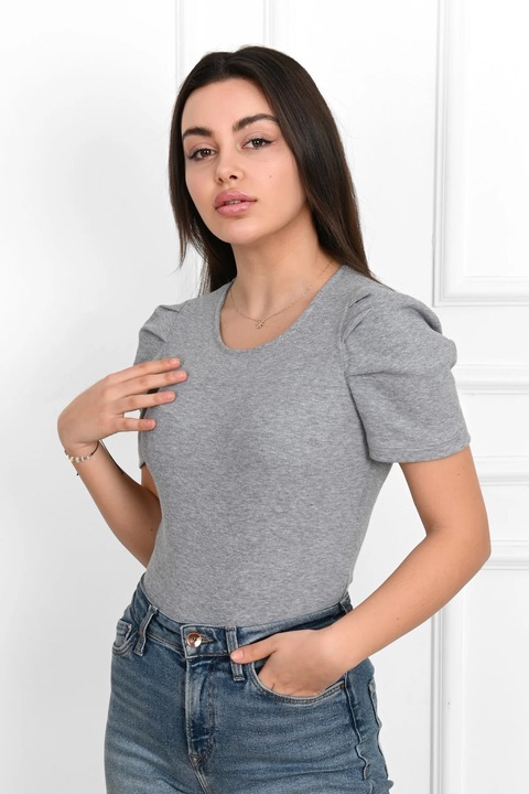 Дамско боди, сиво, 36 EU, втален силует, буфан ръкави