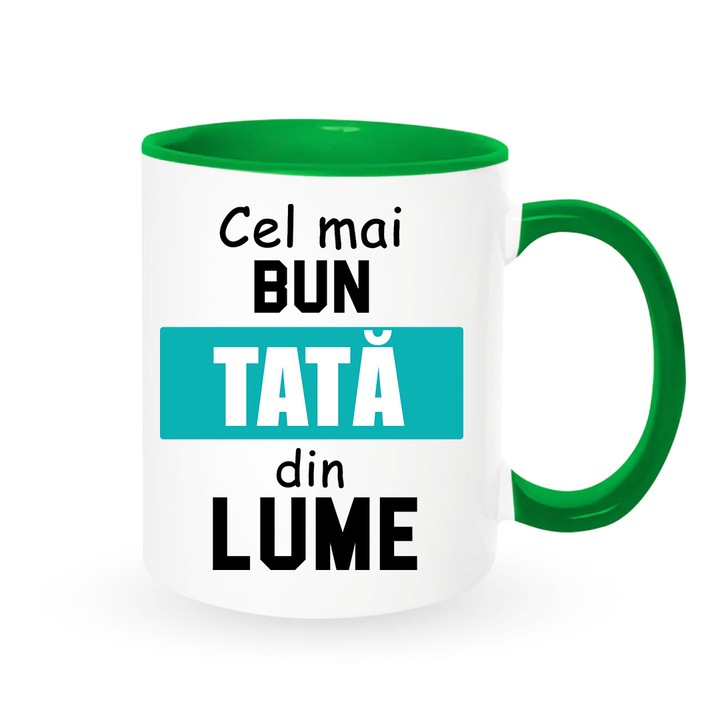 Cana cu mesaj : "Cel mai bun tata din lume", alba cu interior verde, 330ml, ceramica