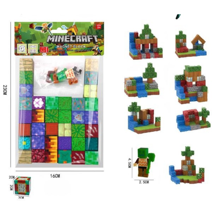 Set 36 Cuburi Magnetice 2x2 cm + Figurina, Stil Minecraft, Joc Constructie Copii, Multicolor