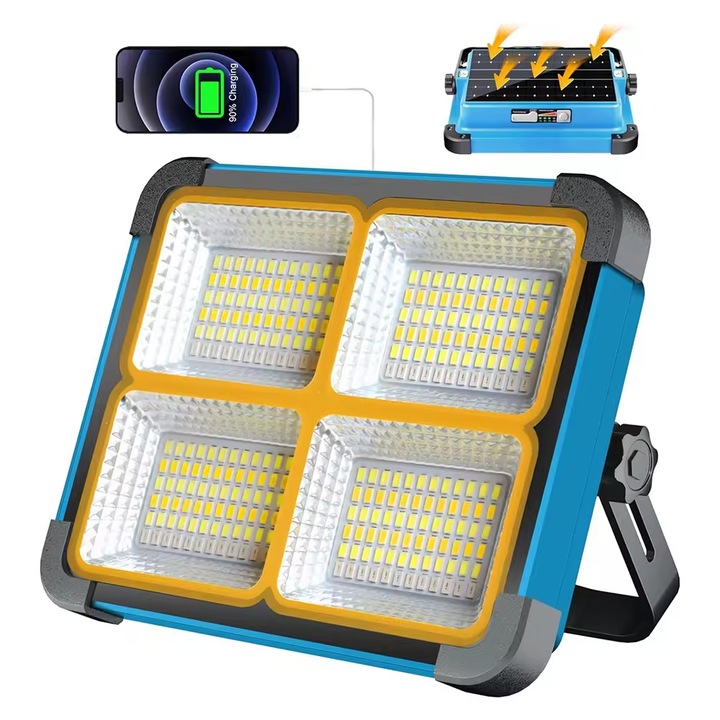 Proiector LED Portabil Profesional UltraBright, 10000 lm, Acumulator 7200 mAh, IP65, Functie Power Bank, Baza Magnetica si Suport Rotativ 180°, pentru Santier, Atelier Auto, Camping si Pescuit, Albastru/Negru