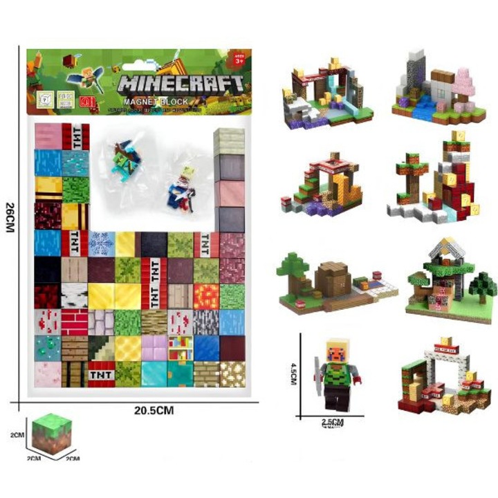 Set 60 cuburi magnetice 2x2 cm + 2 figurine, Stil Minecraft, Multicolor