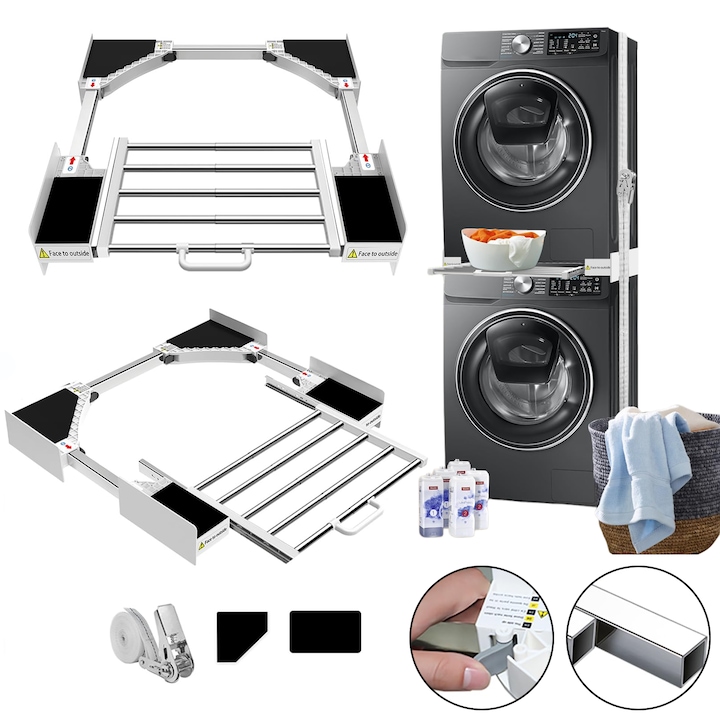 Wacorresi® Univerzális Mosó-Szárítógép Összekötő Készlet, Kihúzható 51-től 76 cm-ig, Kihúzható 46-tól 72 cm-ig, tartó, kihúzható
