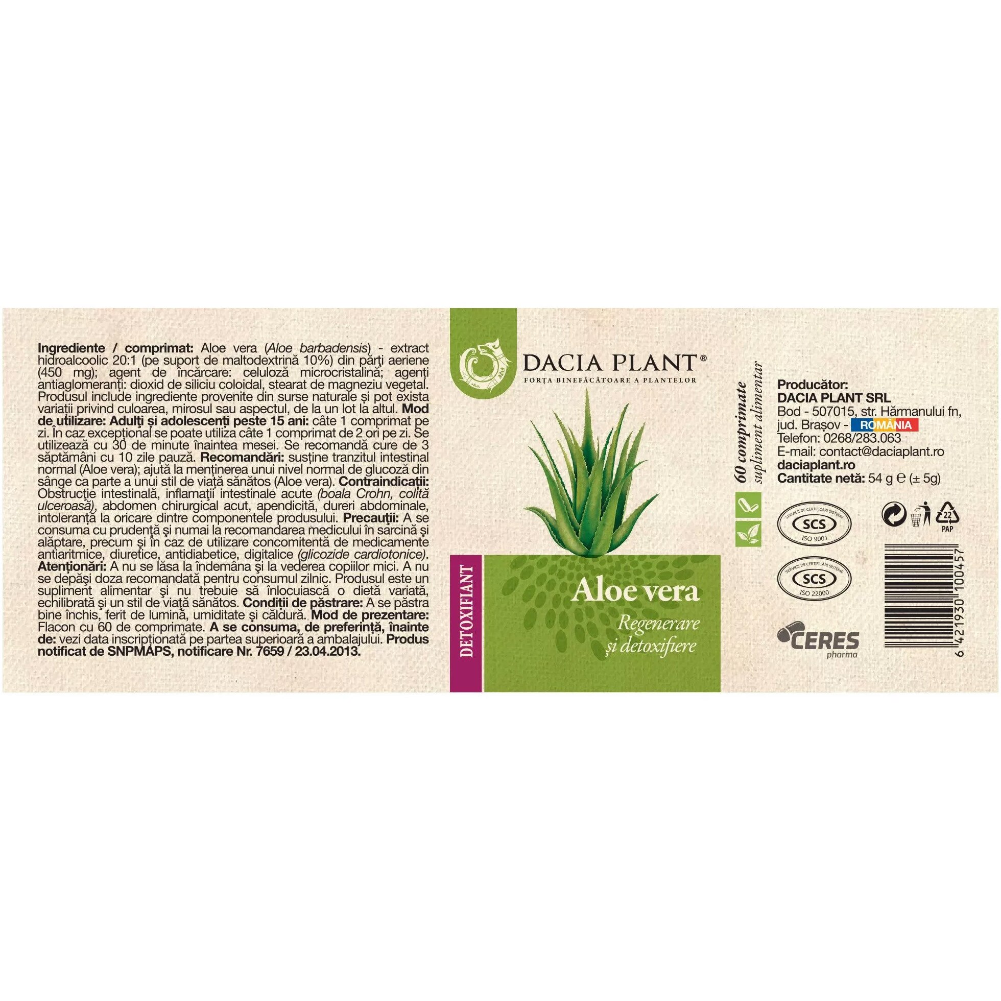 Aloe vera, Dacia Plant, 60 comprimate - eMAG.ro