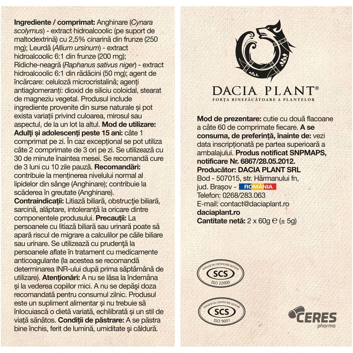 Anghinare, Leurda si Ridiche neagra, Dacia Plant, 120 comprimate