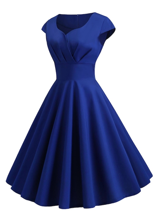 Rochie pentru dama, stil vintage, decolteu in V, maneca scurta, talie inalta, albastra, bumbac