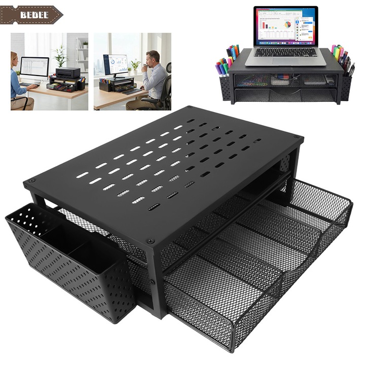 Suport monitor cu sertar, Bedee, Organizator de birou cu sertar si 2 suporturi pentru pixuri, suport pentru monitor si laptop, suport ergonomic pentru accesorii de birou (negru)