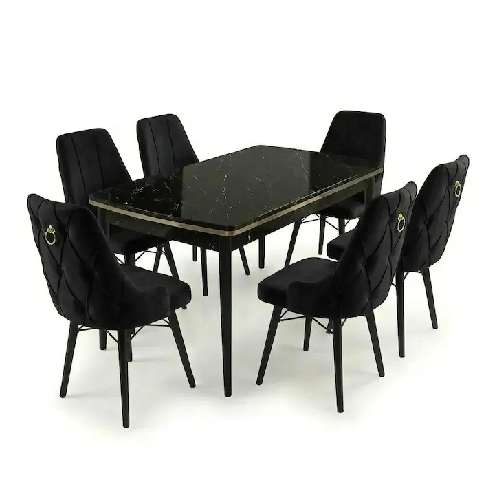 Set masa extensibil Leo, 80x135cm (80x178cm), 6 scaune, Negru, Desire