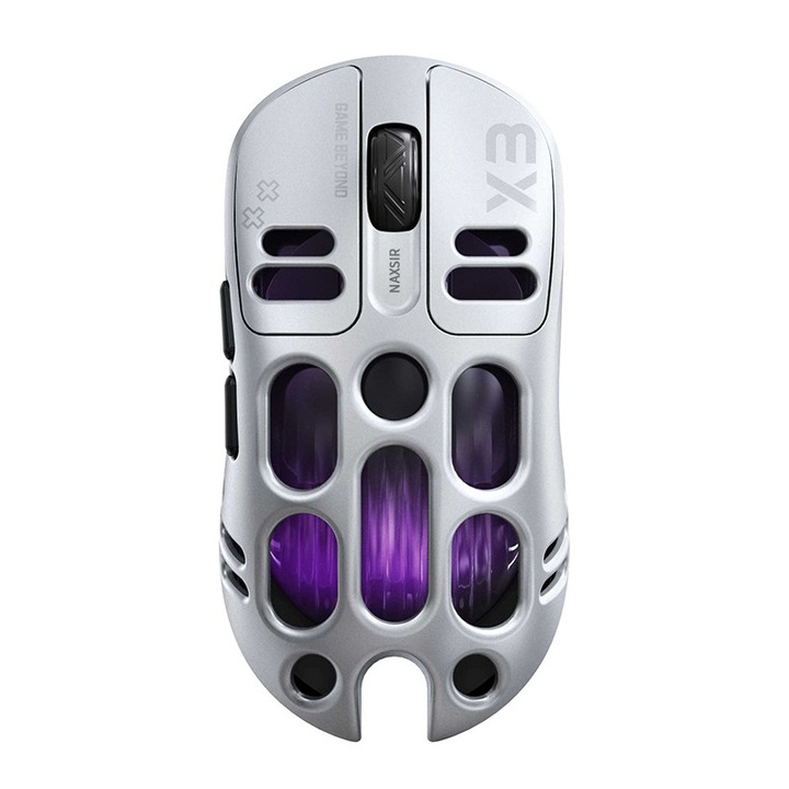 Mouse gaming wireless NAXSIR, Suporta conectivitate tri-mod, Baterie 500mAh, lumini RGB, 8000 DPI, Programabil, argint