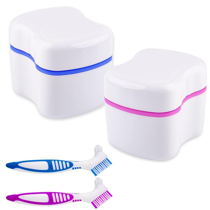 Set cutii pentru proteze dentare cu perii de curatare, 2 bucati, albastru si roz, 7.5x8.2cm