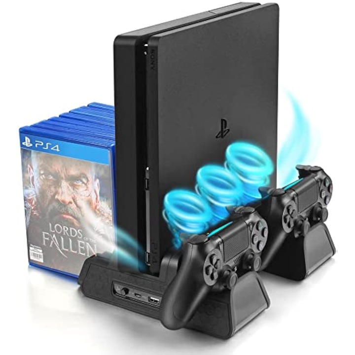 Függőleges tartó PS4/PS4 Slim/PS4 Pro konzolhoz - Hűtőventilátor PS4 töltővel, kontroller töltőállomás játéktárolóval, fekete, VPUINEFE