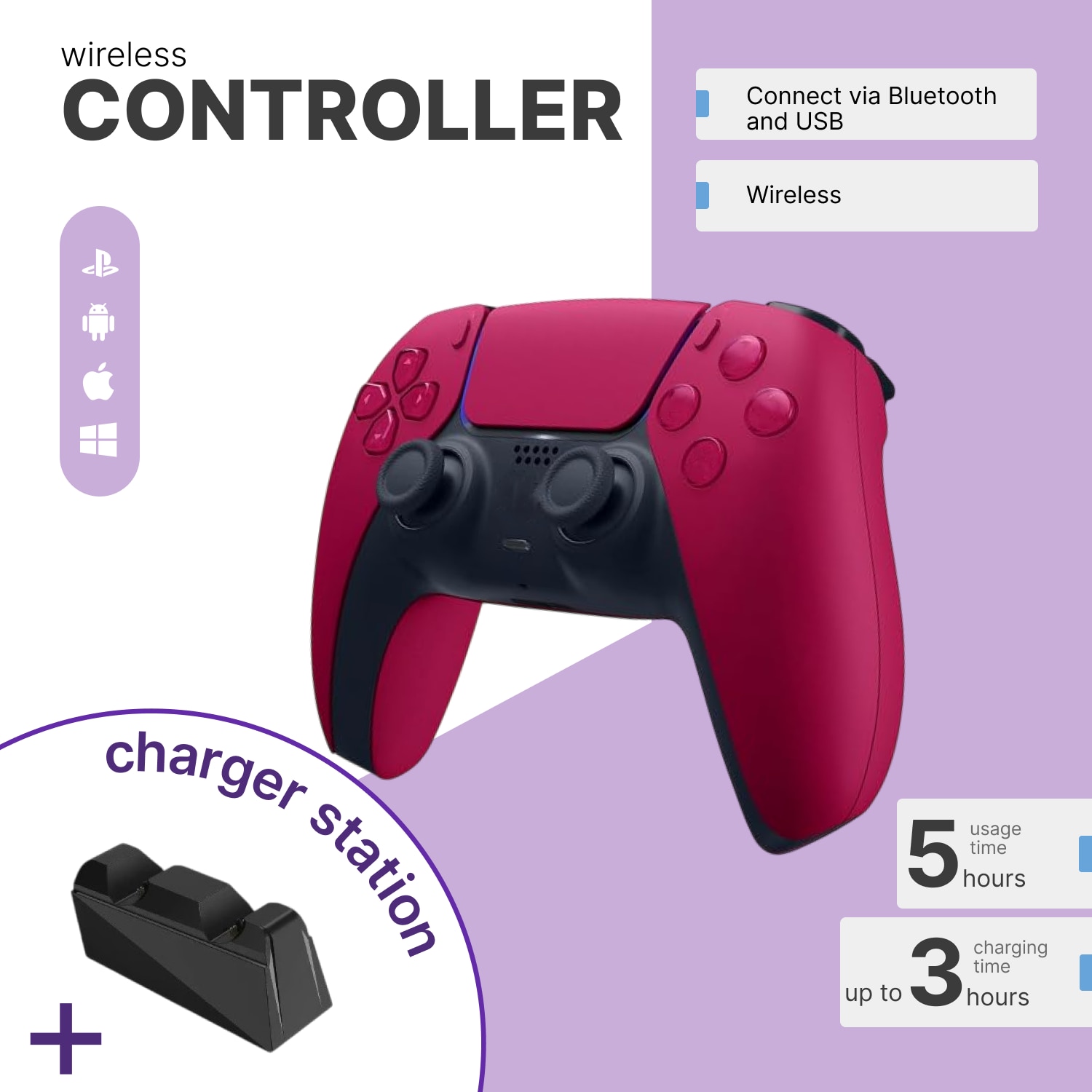 Controller Wireless, HAPPY JOKER, Dual-Sense, rosu, incarcare duala inclusa