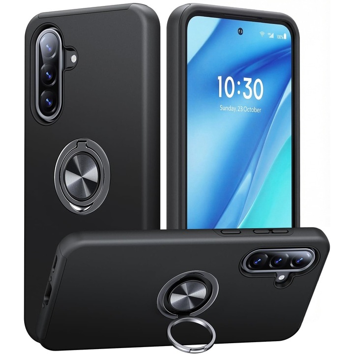 Husa MobileSmart pentru Samsung Galaxy A56, Inel Rotativ 360° si Suport Birou, Antisoc, Negru