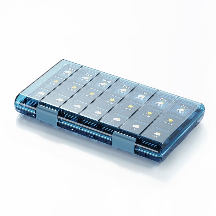 Cutie organizatoare pentru pastile, 7 zile, 21 de compartimente (dimineata, pranzul, seara), portabila, etansa, fara BPA, pentru calatorii si acasa