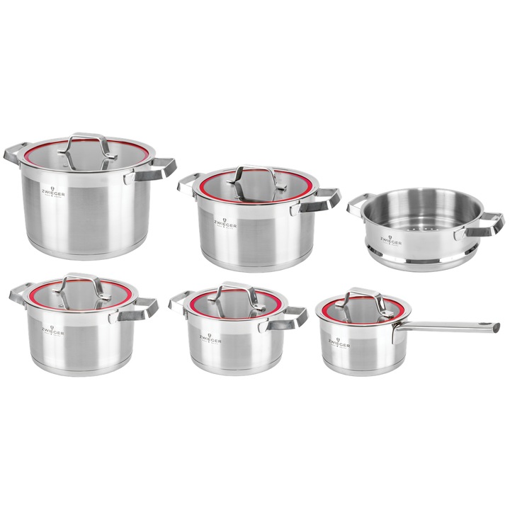 Комплект съдове, Zwieger, Klassiker, 11 части, неръждаема стомана, сребрист, стъклени капаци