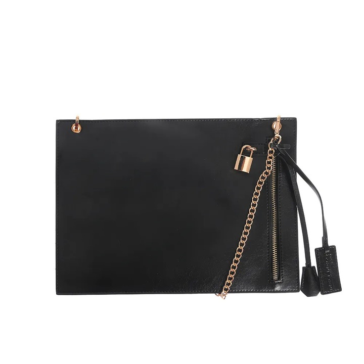 Geanta plic neagra cu fermoar si detalii aurii