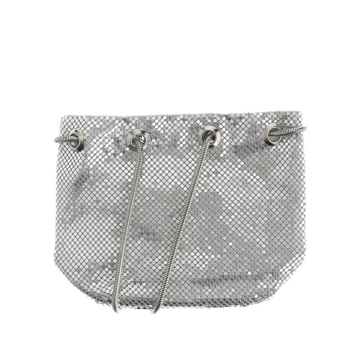 Geanta plic tip bucket argintie cu lant metalic