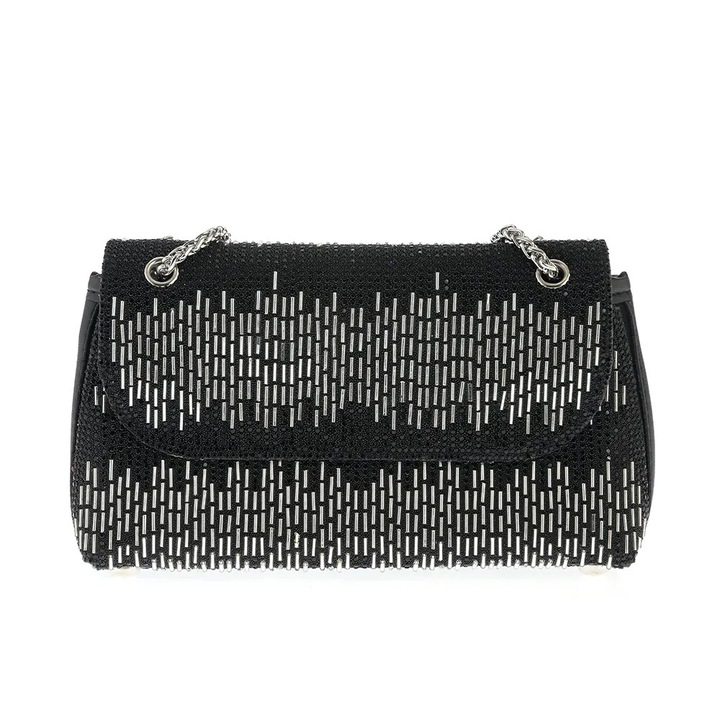 Geanta plic neagra cu detalii argintii si bareta din lant