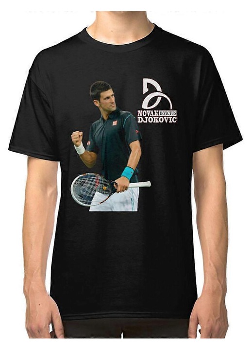 Férfi póló, Novak Djokovic modell, laza szabású, 100% pamut, professzionális nyomtatás, fekete