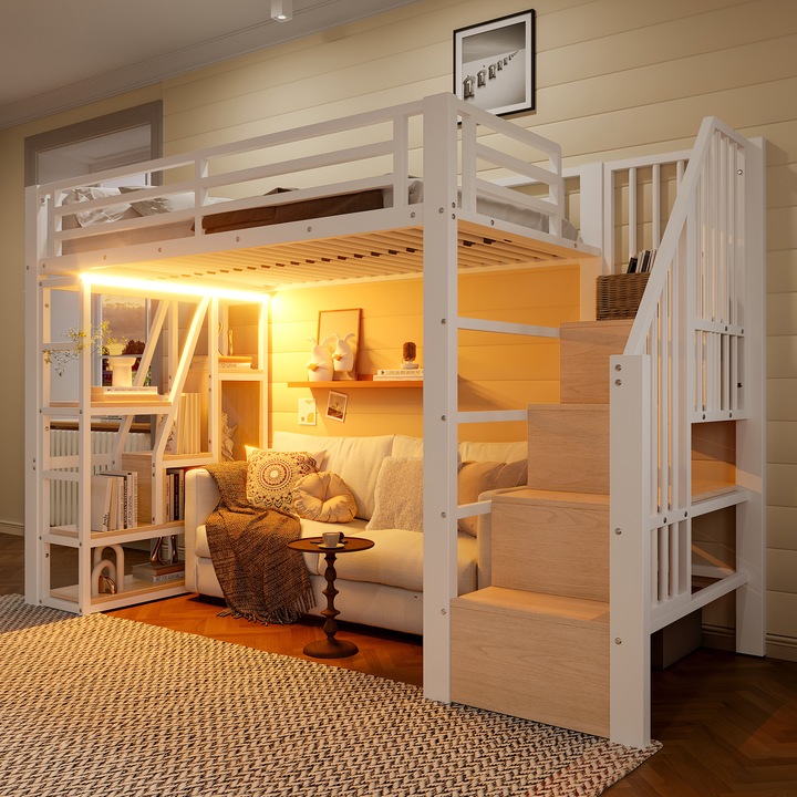 Pat supraetajat 90x200, simplu, cu raft metalic, trepte, balustrada, scara, LED, spatiu de depozitare dedesubt, alb, fara covoras
