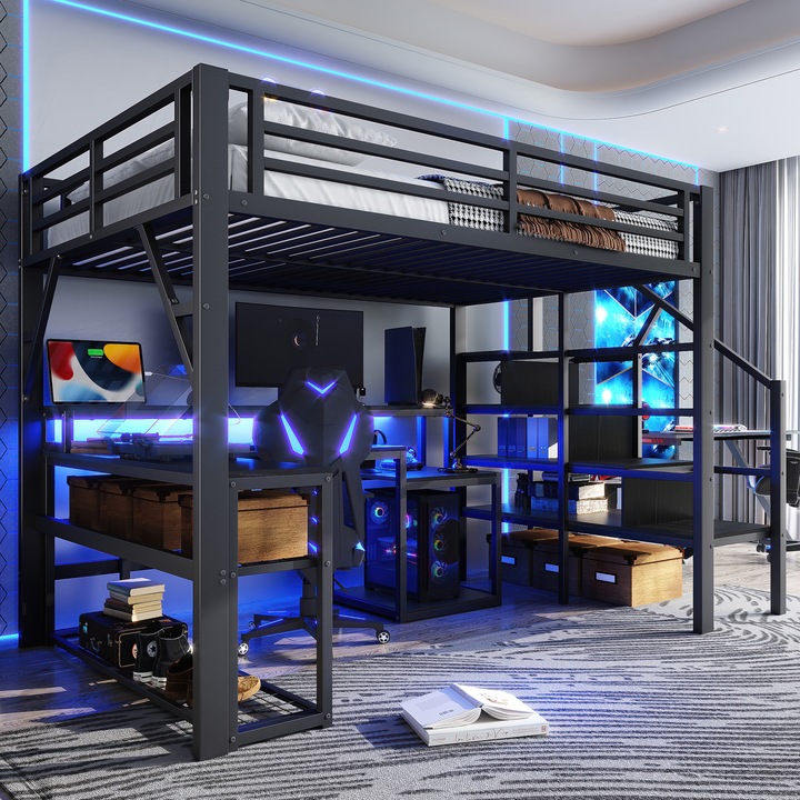 Pat supraetajat 140x200, dublu, cu raft metalic, scara cu spatiu de depozitare, balustrada, LED, birou, USB, negru, fara covoras